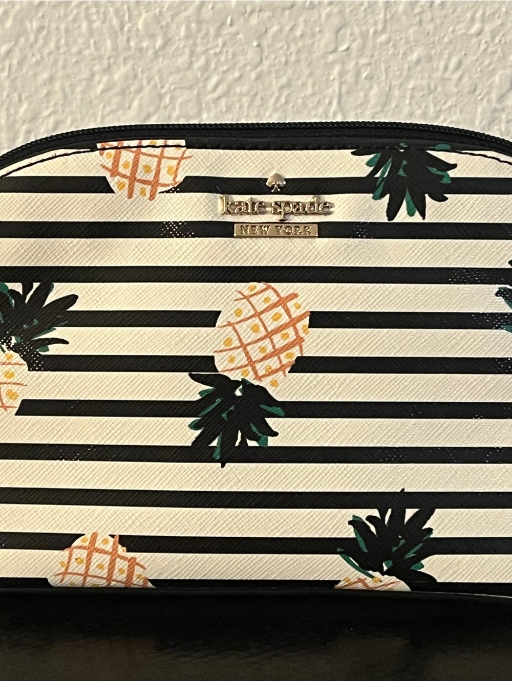 kate spade Black & Cream Pineapple Stripe Cosmetic Pouch